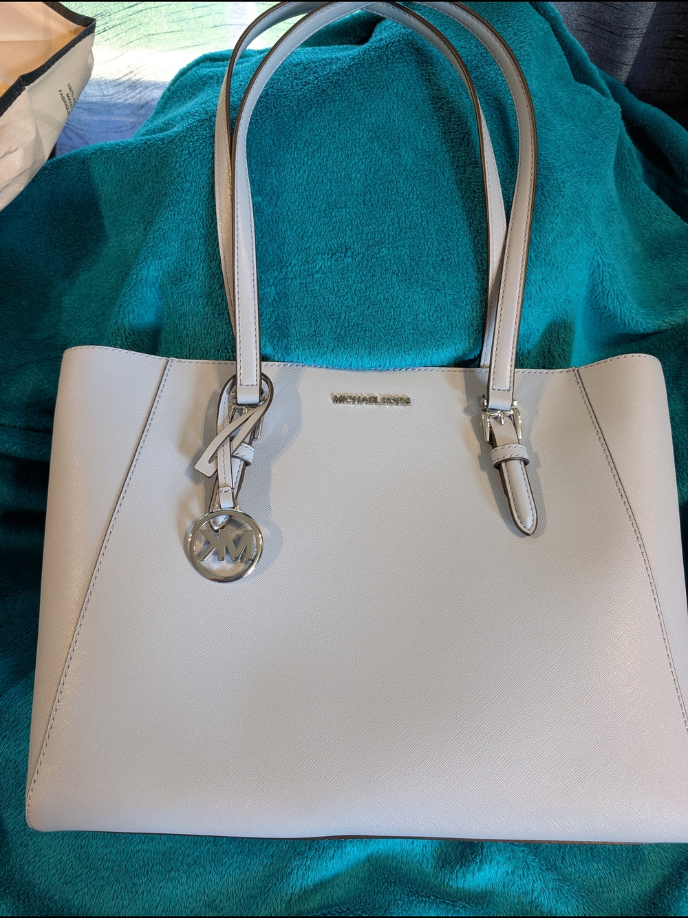 Michael Kors Light Blue Leather Double-Handle Tote with Logo Charm